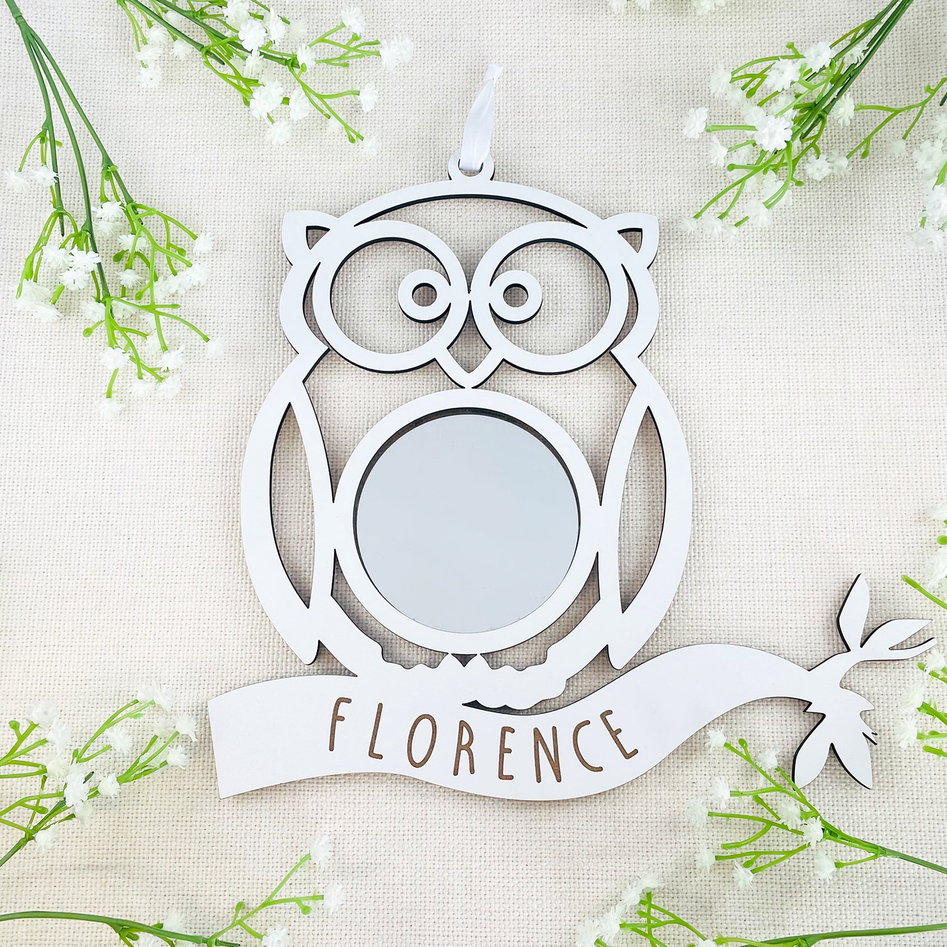 Personalised White Wood Owl Mirror - New Baby Gift - Nursery Decor - Bedroom Decor - Animal Room Accessories