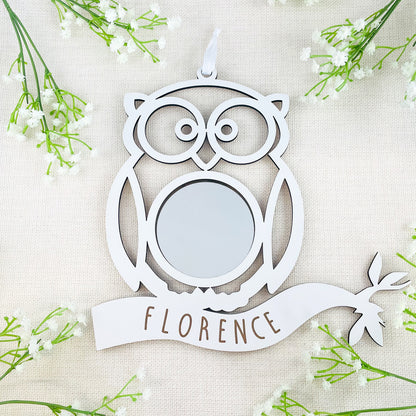 Personalised White Wood Owl Mirror - New Baby Gift - Nursery Decor - Bedroom Decor - Animal Room Accessories