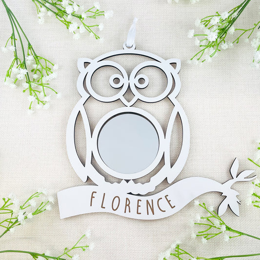 Personalised White Wood Owl Mirror - New Baby Gift - Nursery Decor - Bedroom Decor - Animal Room Accessories