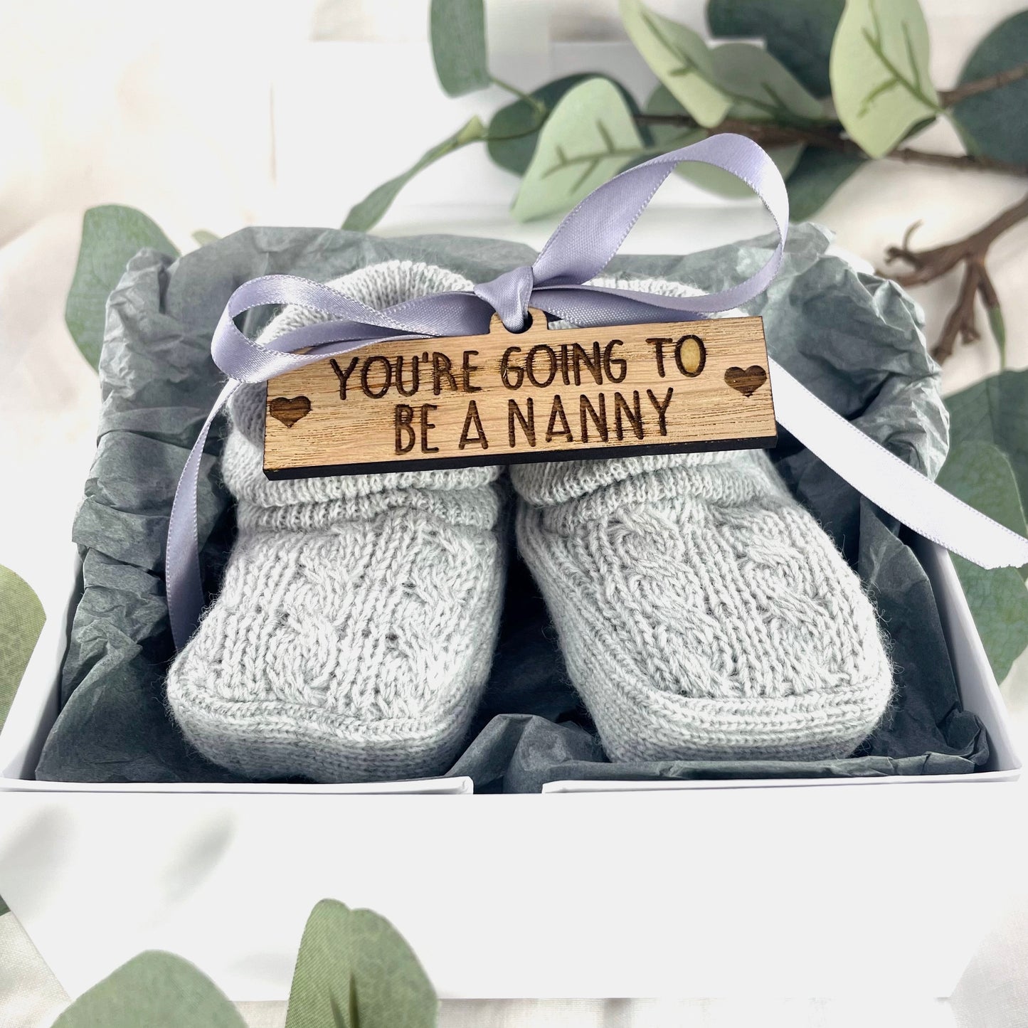 Guess What 'You're going to be a Nanny' Pregnancy Announcement Gift Boxed Grey Booties