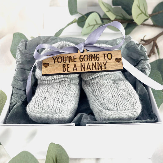 Guess What 'You're going to be a Nanny' Pregnancy Announcement Gift Boxed Grey Booties