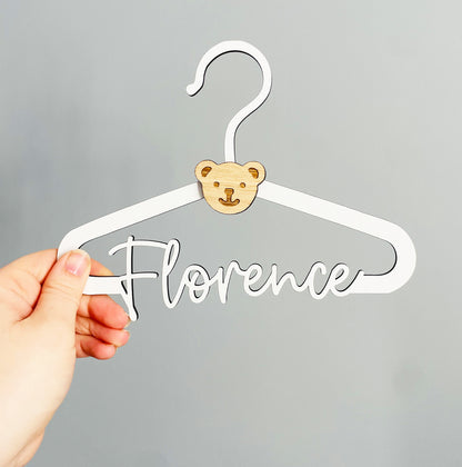 Personalised New Baby Clothes Hanger Wooden Hanger with Bear Face - White Wood