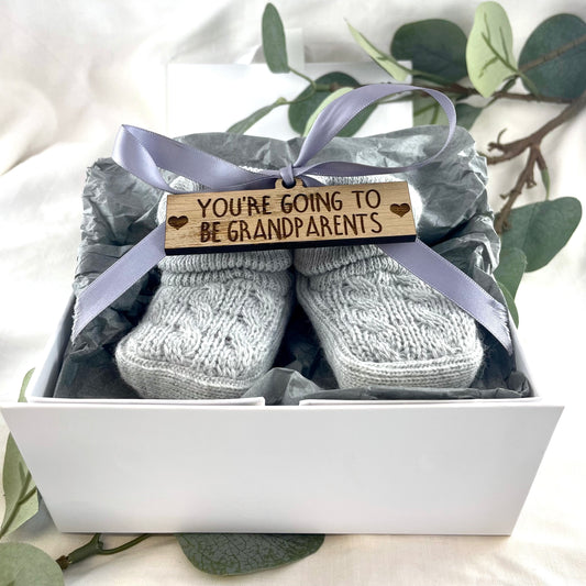 Guess What 'You're going to be Grandparents' Pregnancy Announcement Gift Boxed Grey Booties
