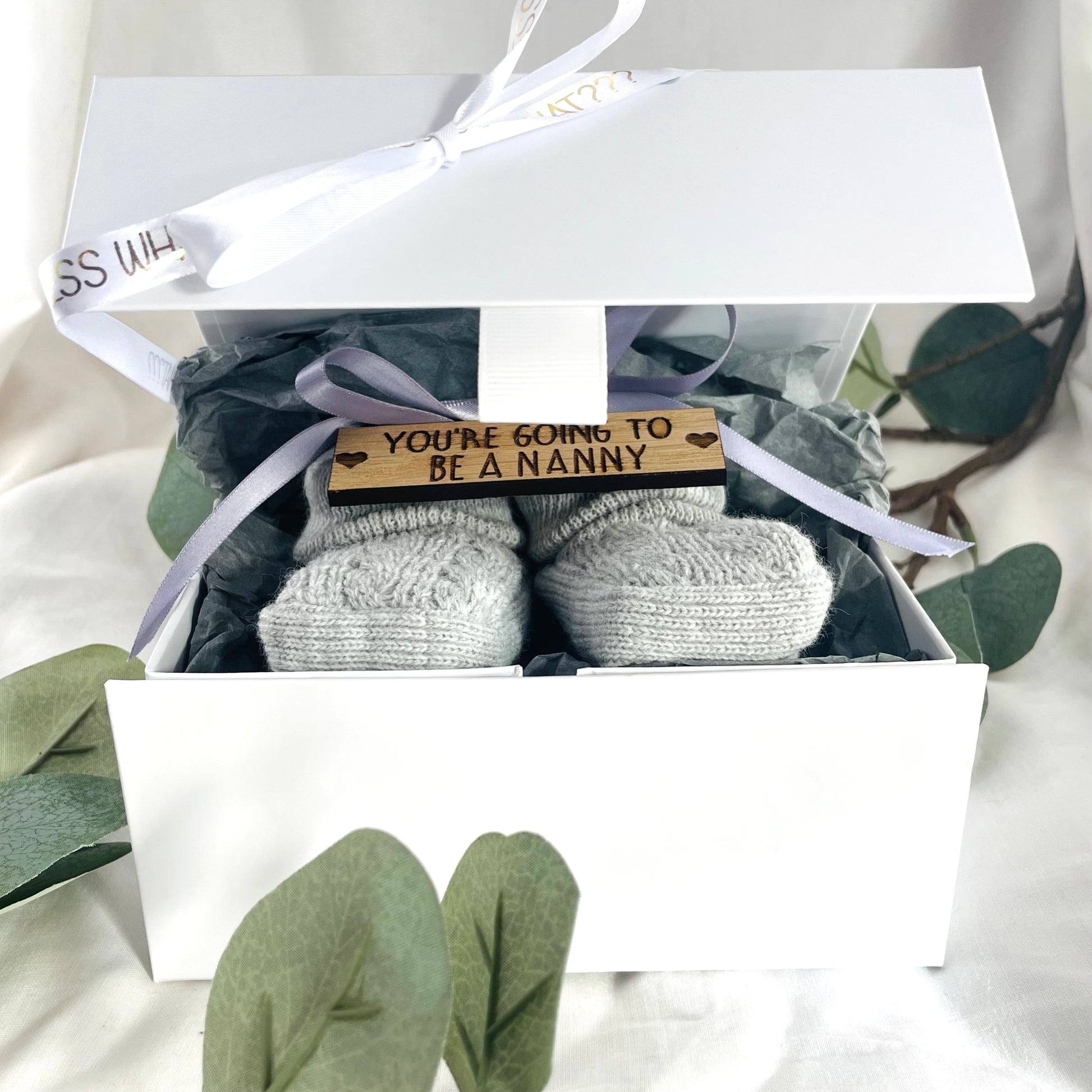 Guess What 'You're going to be a Nanny' Pregnancy Announcement Gift Boxed Grey Booties