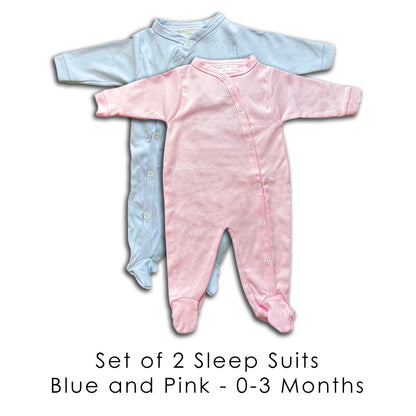 Baby Grow Sleep Suit - Set of Pink and Blue - 0-3 Months