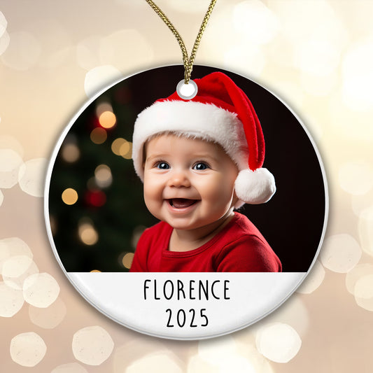 Personalised Christmas Baby Photo Ceramic Bauble - Add your baby's Name, Year and Photo!