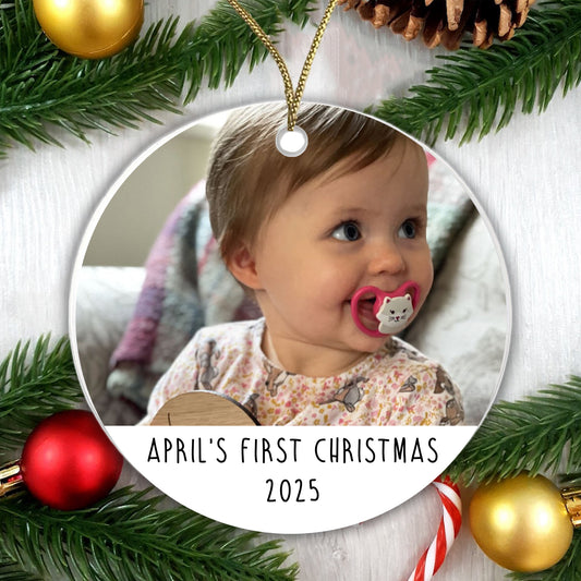 Personalised First Christmas Bauble Baby Photo Ceramic - Add the Year, Your Baby's Name and their photo! 