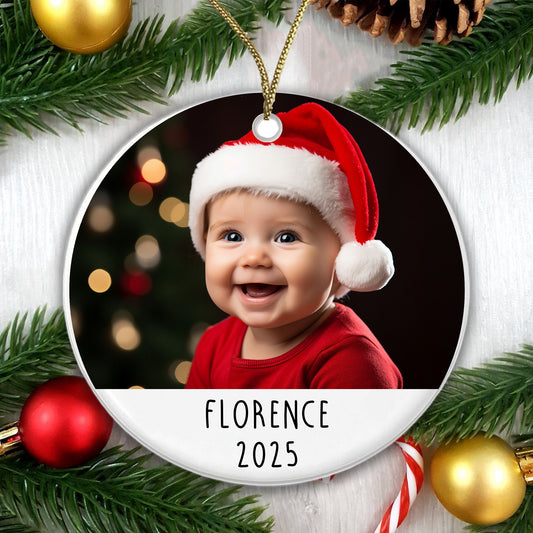 Personalised Christmas Baby Photo Ceramic Bauble - Add your baby's Name, Year and Photo!